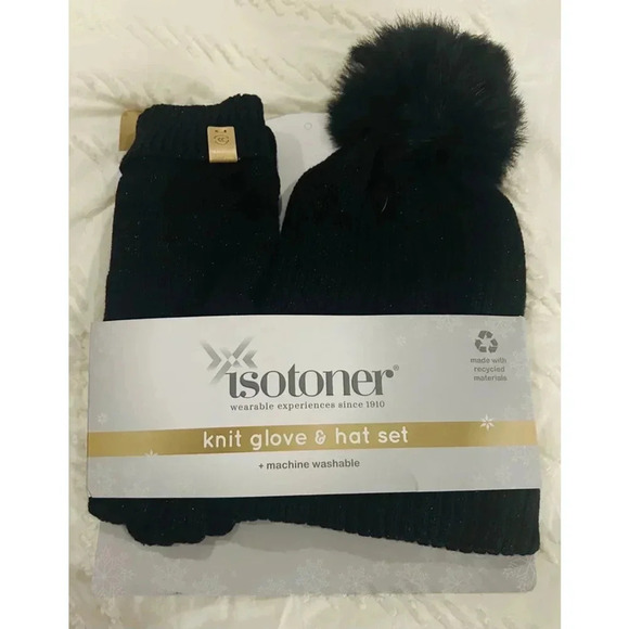 Women's Isotoner Knit Hat & Glove Set, Black, One Size - Picture 3 of 4